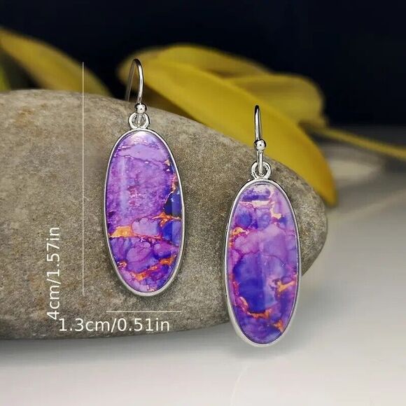 BOHO Chic Blue Stone Dangle Earrings, Synth Lapis and Turquoise - Picture 3 of 4